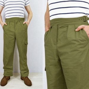 Army Green Gurkha Pants British Military 1950s 7oz Army Trousers Belted Pleated Front Cotton