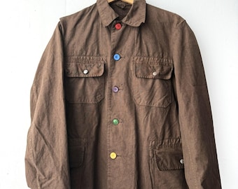 Reworked Vintage Brown Jacket Swedish Rainbow Buttons - Canvas Jacket - Small/Medium