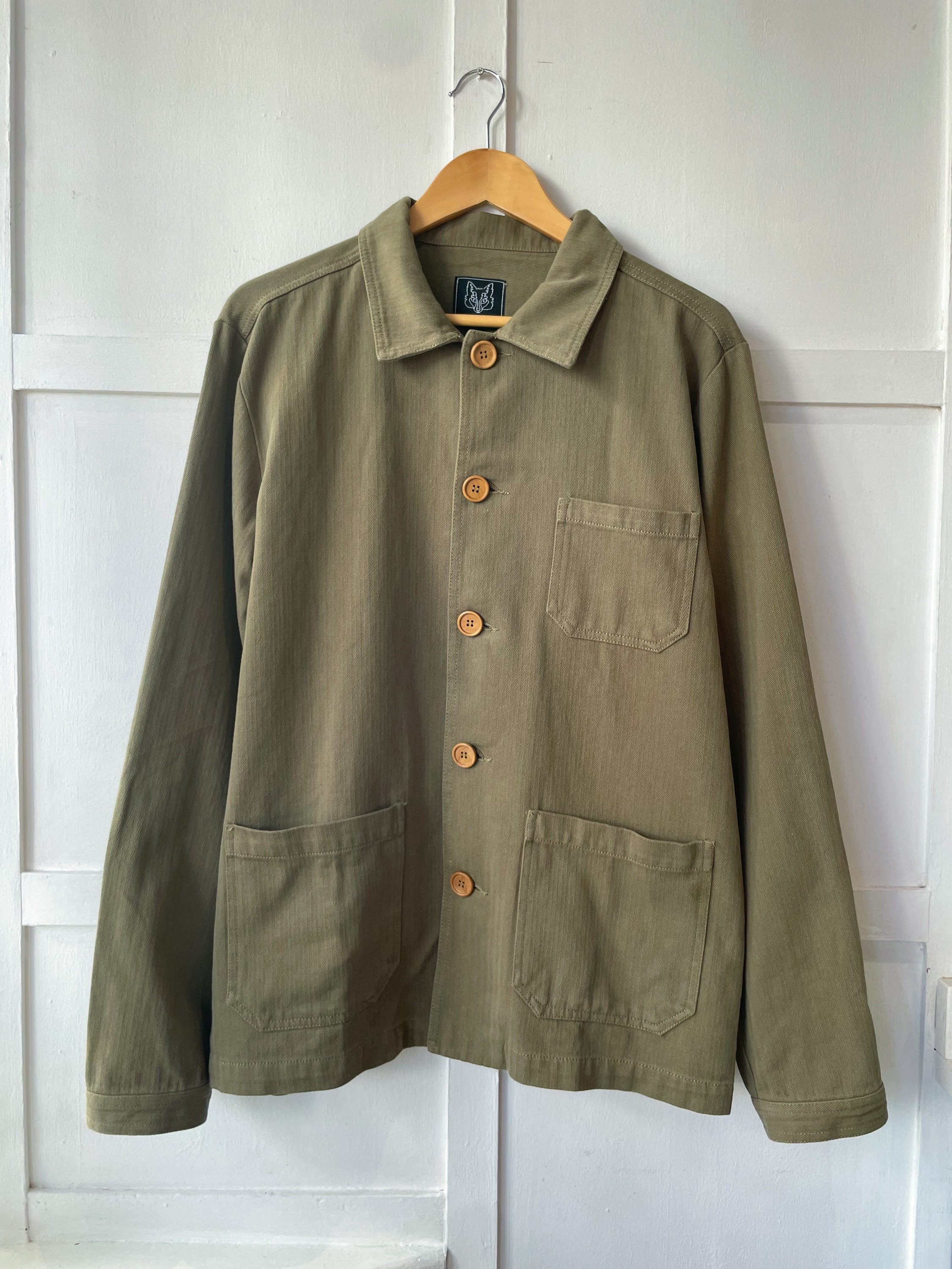 Washed Green Workwear Jacket - 60s Style French Herringbone Cotton