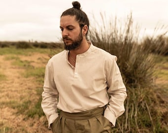 Rhubarb Collarless Grandad Shirt Stripe - 100% Cotton Smock - Long Sleeve Chore Top