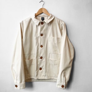 Gewaschenes Ecru Leinen 60s Style Französische Baumwolle Canvas Chore Jacke - Weiß Creme - S M L XL XXL 3XL
