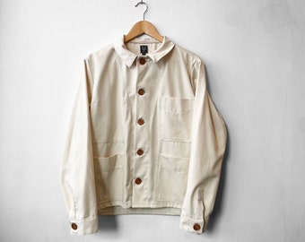 Washed Ecru Linen 60s Style French Cotton Canvas Chore Jacket - White Cream - S M L XL XXL 3XL