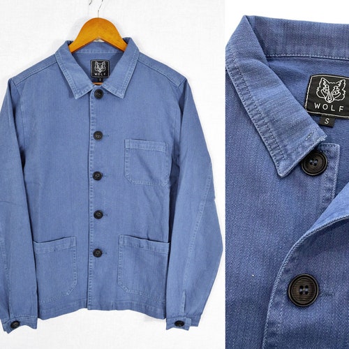Mid Blue 60s Style French Washed Faded Herringbone Cotton Twill Canvas Chore Jacket - S M L XL