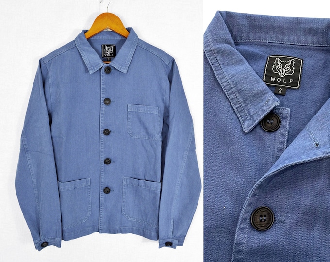 60s Style French Workwear Jacket – Mid Blue Herringbone Cotton Twill, Faded Canvas Chore Coat