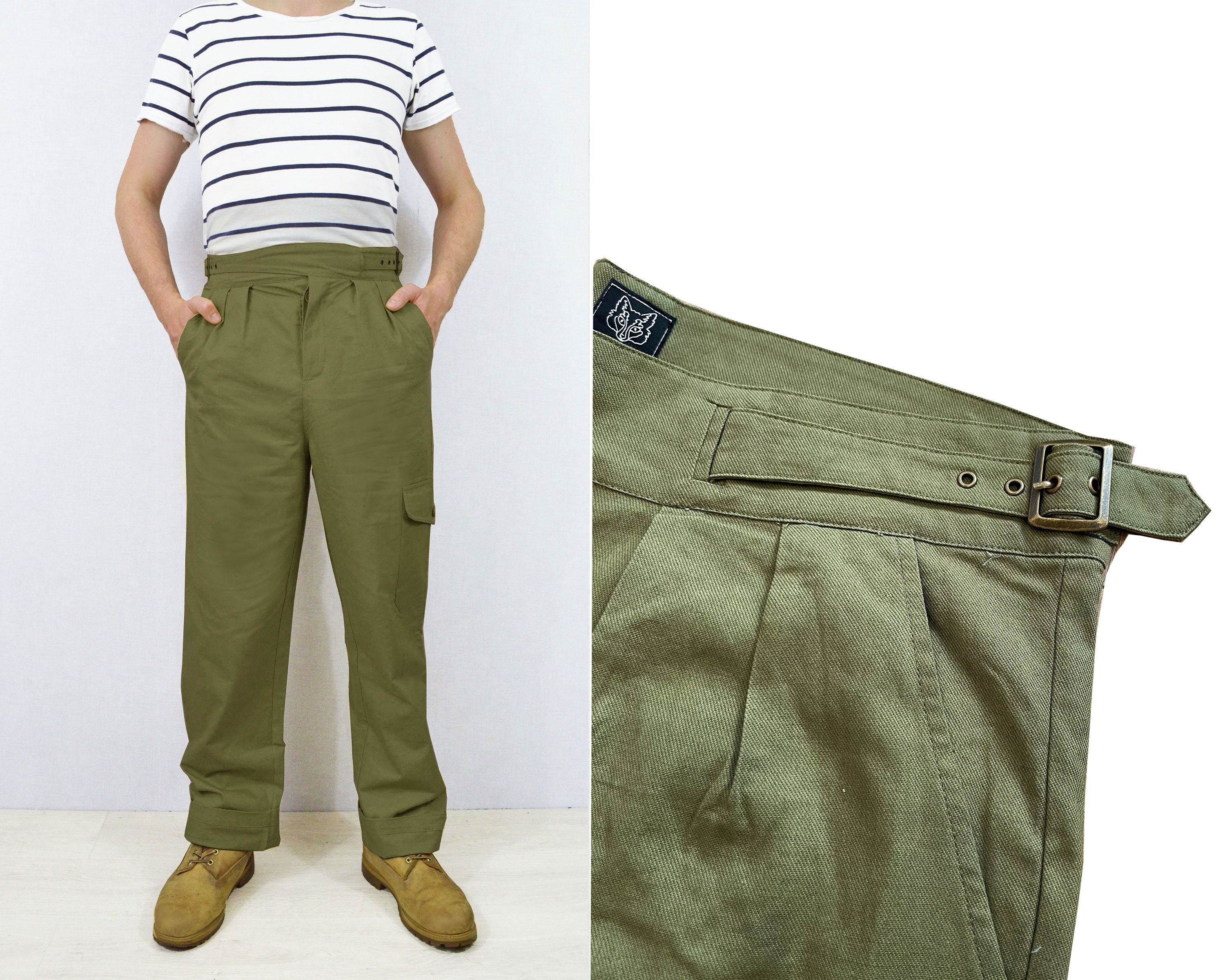 Unisex High Waisted Gurkha Pants 100% Cotton 1950s Army Style 