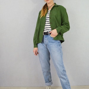 Vintage Swedish Smock Shirts 1980s Button Down Collared Blouse Soft Worn In Cotton Green image 2