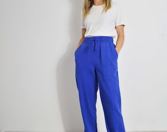 Unisex Lounge Baumwollhose - Elastischer Fischgrätenmuster Französische Arbeitskleidung-Jogger - Bequem getragen aus entspanntem und weichem Stoff - Bugatti Blau