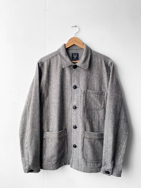 60s Wool Stripe Black & White Prison Jacket - Chore Workwear Coat