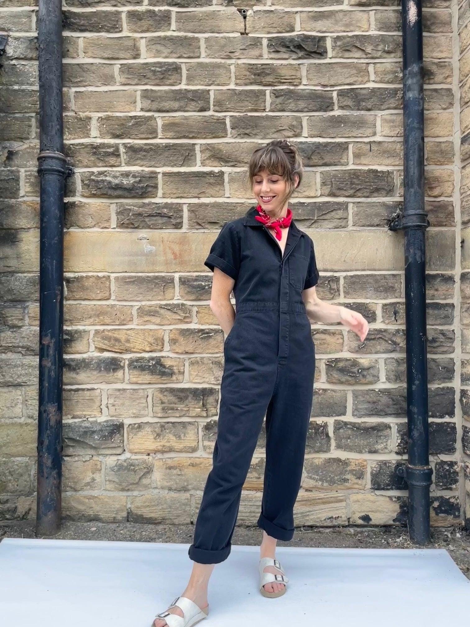 French Workwear Boilersuit Railroad Black - Herringbone Cotton Short Sleeved