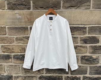 Classic White Cotton Collarless Shirt - Organic Grandad Smock - Long Sleeve Chore Top