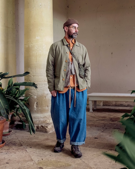 Washed Green Workwear Jacket - 60s Style French Herringbone Cotton