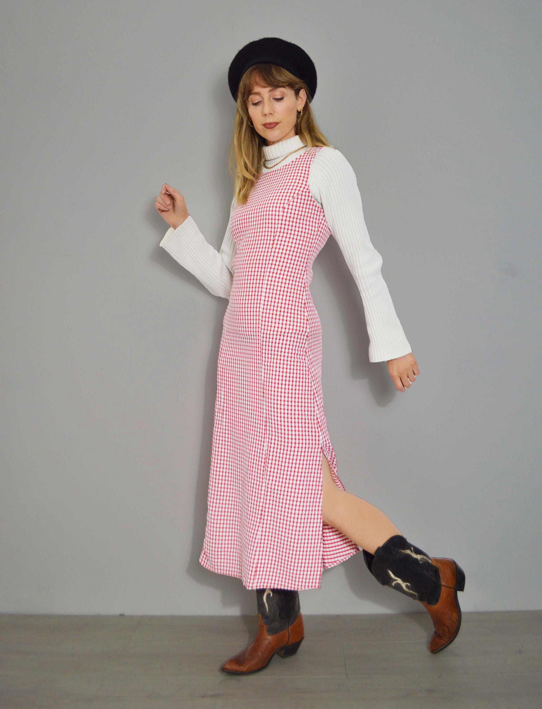 French Gingham Maxi Dress Vintage Style Seersucker Check Full