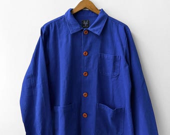 Vintage Work Jacket, Indigo Blue Cotton, French Workwear, Size L