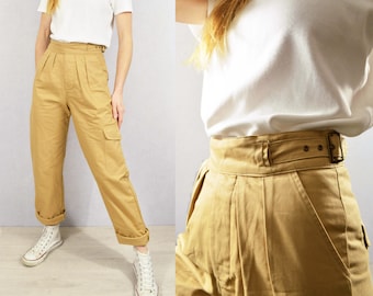 Unisex High Waisted Gurkha Pants - 100% Cotton - 1950s Army Style Trousers - Buckle Adjustable - Tan Beige / Army Green / Navy Ink Blue