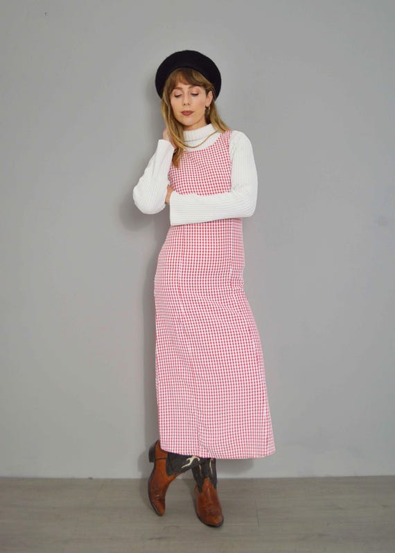 French Gingham Maxi Dress Vintage Style Seersucker Check Full