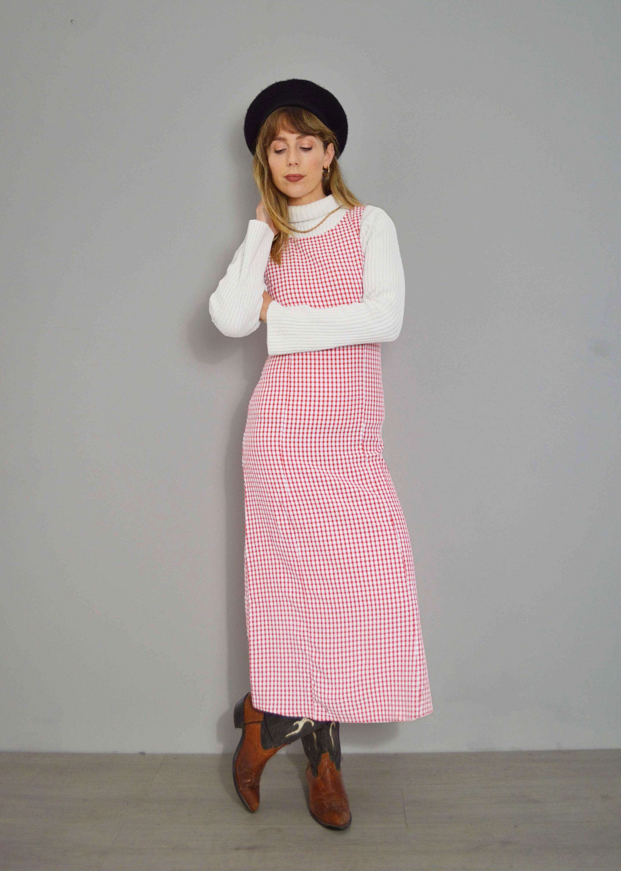 French Gingham Maxi Dress Vintage Style Seersucker Check Full