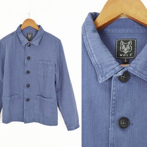 Washed Indigo 60s Style French Faded Blue Herringbone Cotton Twill Canvas Chore Jacket - S M L XL