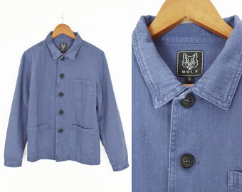 Washed Indigo 60s Style French Faded Blue Herringbone Cotton Twill Canvas Chore Jacket - S M L XL