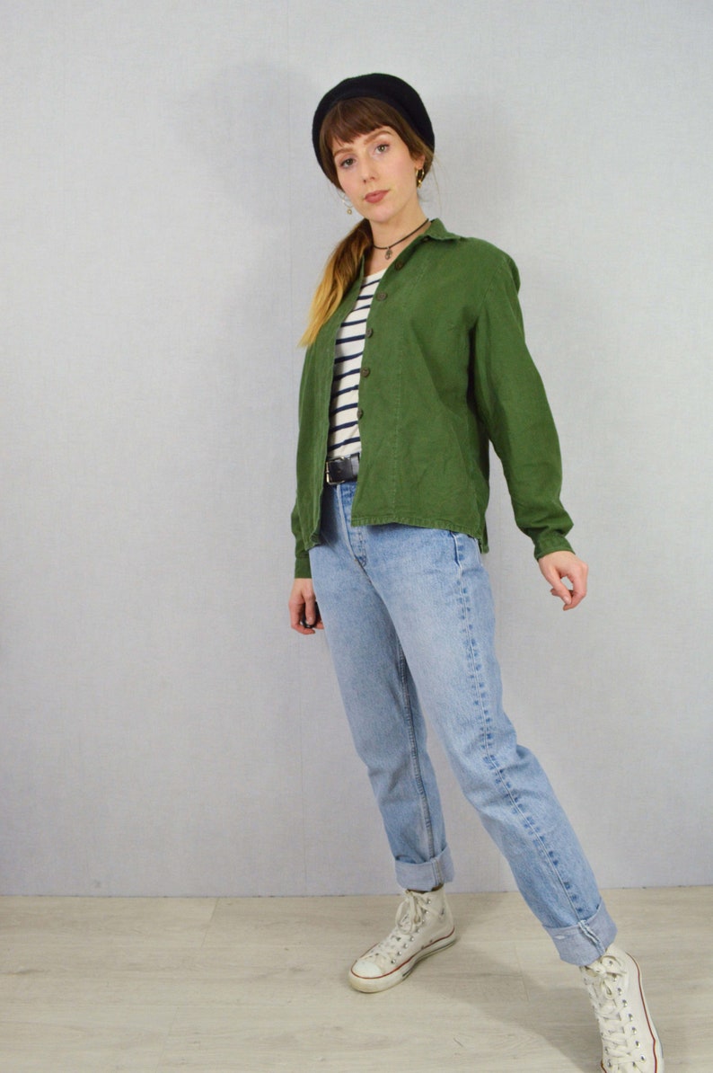 Vintage Swedish Smock Shirts 1980s Button Down Collared Blouse Soft Worn In Cotton Green image 9