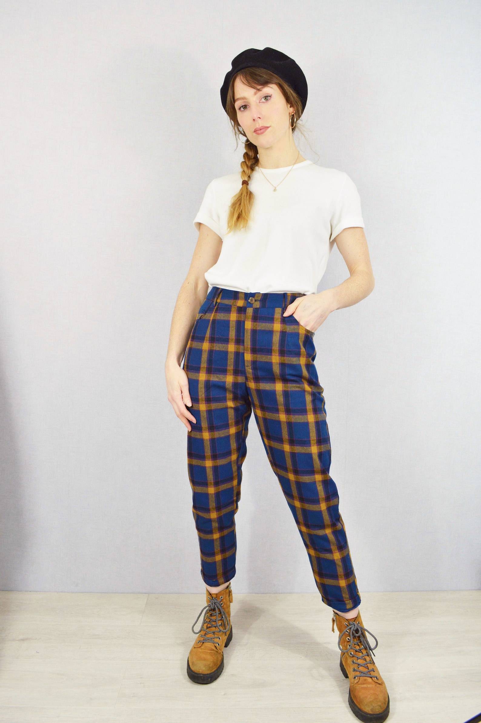 Women's High Waisted Check Tapered Trousers - Tartan Capri Pants - All Sizes By Wolf Vintage