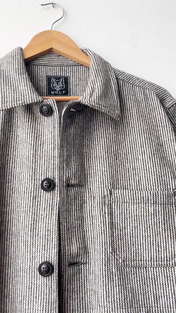 60s Wool Stripe Black & White Prison Jacket - Chore Workwear Coat