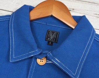 60s Style French Cobalt Blue Cotton Twill Canvas Chore Jacket