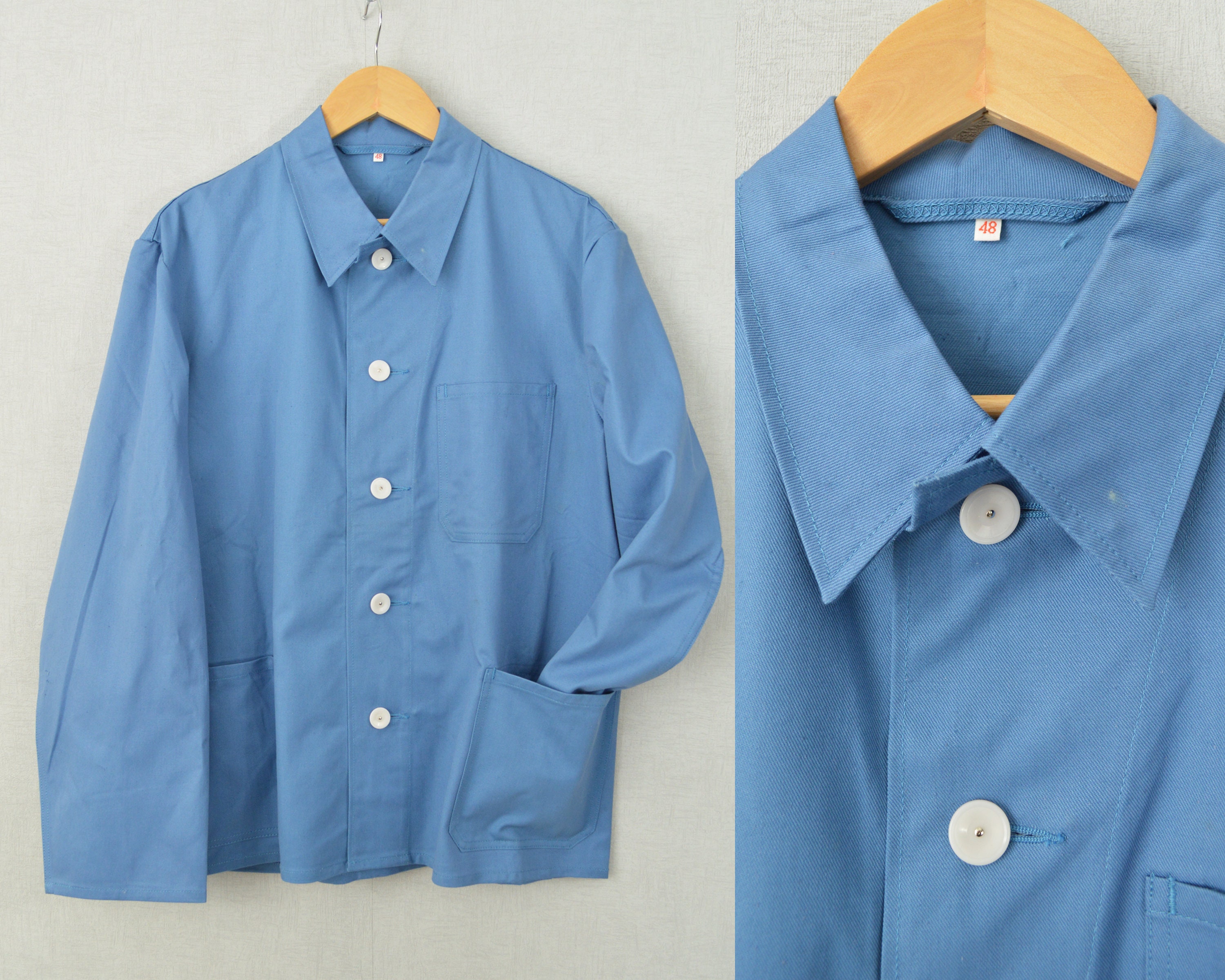 Image of Vintage French Chore Worker Work Jackets Light Chalk Blue - All Sizes