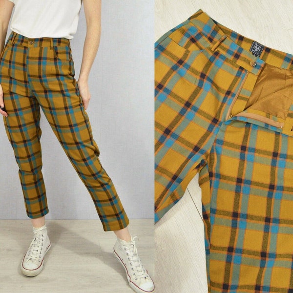 High Waisted Check Pants Tartan - Capri Trousers Carrot Leg Tapered - Mustard Yellow  and  Turquoise