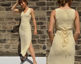 Gingham Seersucker Maxi Dress V Neck - French Vintage Style Buttercup Yellow Check - Adjustable