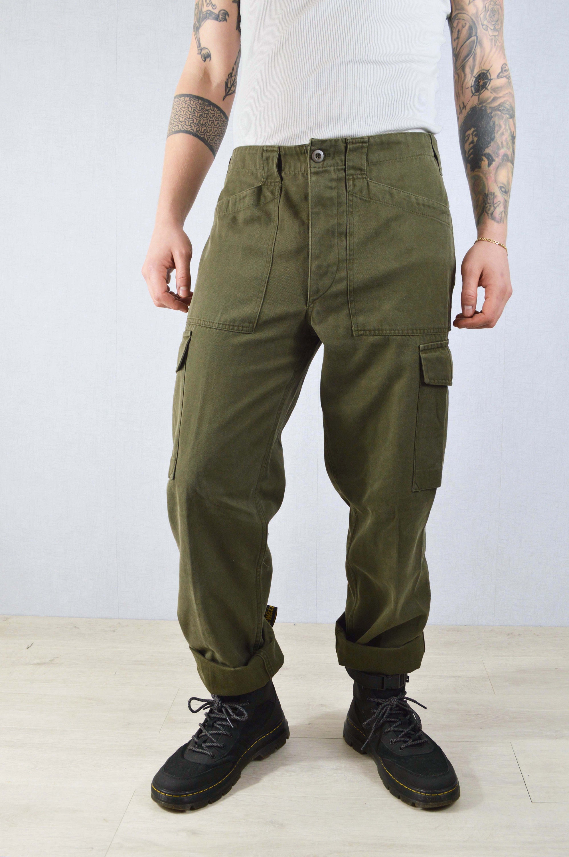 Vintage Mens Cargo Fatigue Pants Trousers Olive Green Etsy