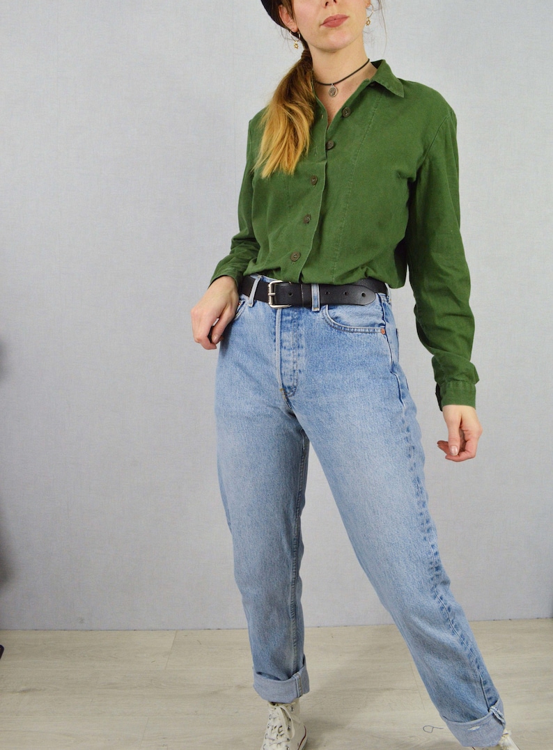 Vintage Swedish Smock Shirts 1980s Button Down Collared Blouse Soft Worn In Cotton Green image 7