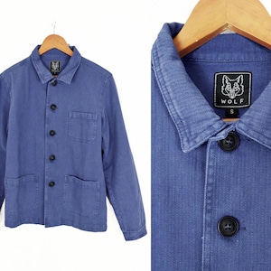 Giacca da lavoro in tela di cotone twill a spina di pesce blu sbiadito stile anni '60 indaco lavato - S M L Xl