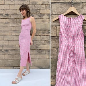 French Gingham Maxi Dress Vintage Style Seersucker Check Full Length Midi - Adjustable - Sleeveless