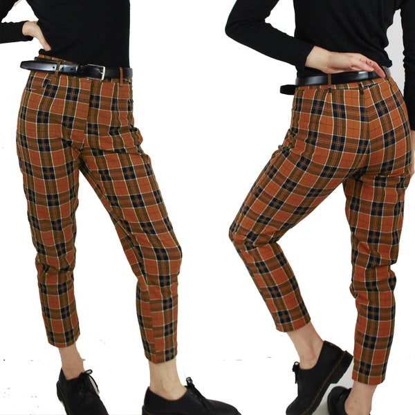 Lined Tartan Plaid Nova Check Chino Capri Pants/Trousers - Brown & Navy