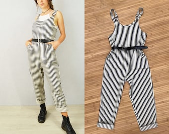 Stripe Hickory Dungarees Casual Jumpsuit Cotton Workwear Overalls / Bibs Loose Long Unisex - XS S M L