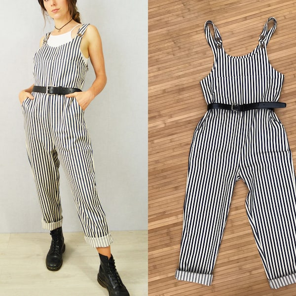 Stripe Hickory Dungarees Casual Jumpsuit Cotton Workwear Overalls / Bibs Loose Long Unisex - XS S M L - Boilersuit