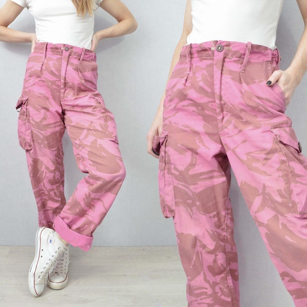 Pantaloni vintage mimetici rosa britannici a vita alta con gamba dritta unisex militare - XS S M L