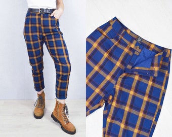 High Waisted Check Pants Tartan - Capri Trousers Carrot Leg Tapered - Navy, Purple & Yellow