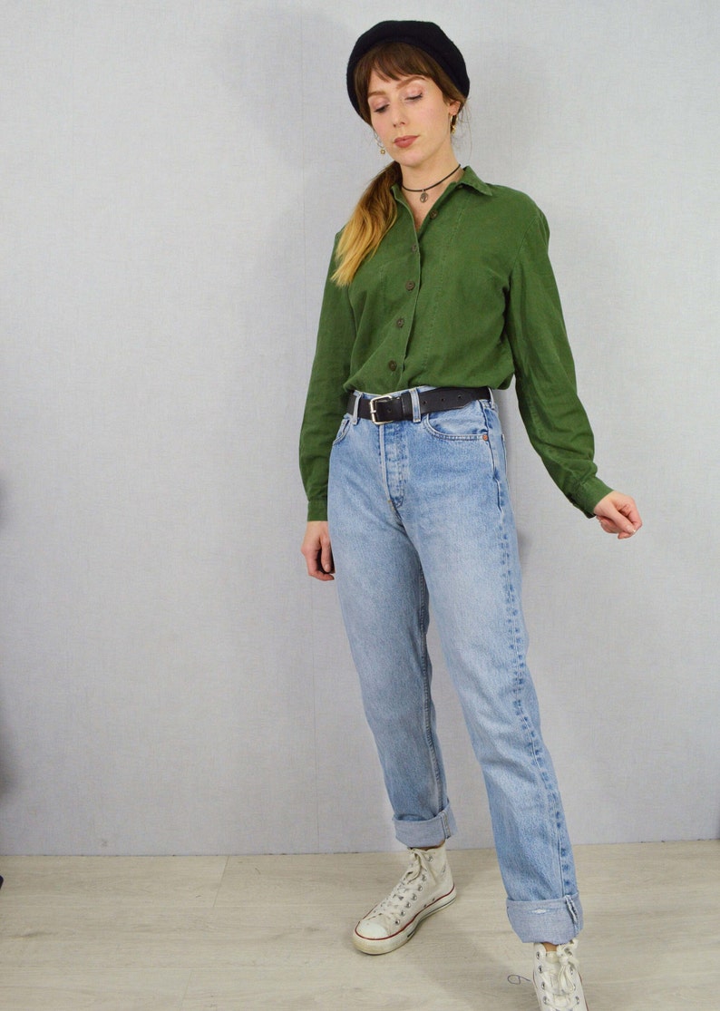 Vintage Swedish Smock Shirts 1980s Button Down Collared Blouse Soft Worn In Cotton Green image 3