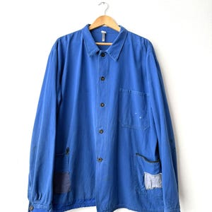 Rare Heavily Repaired Blue French Work Jacket Patched - European Work Coat - Bright Cobalt French Blue - XL 2XL