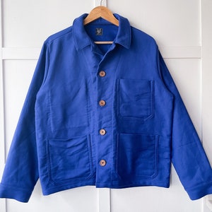 50er Jahre Style Moleskin Chore Jacke - Made In England - Französischer Arbeitsmantel - Klassisch Französisch Blau - Holzknöpfe