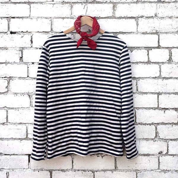 Randig bretonsk bomullströja med lång ärm, marinblå och vit flanell - XS S M L Xl 2xl 3xl