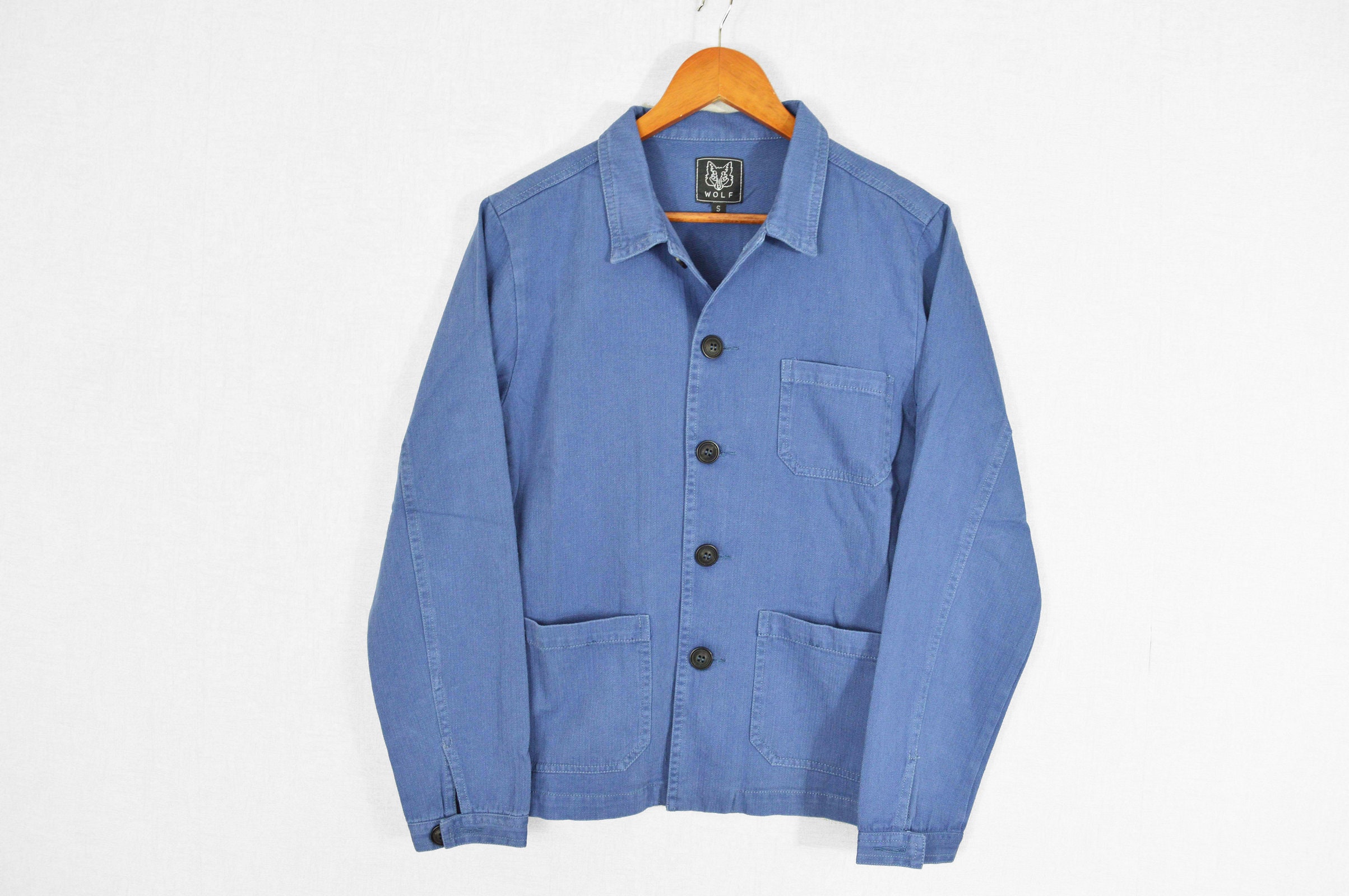 Mid Blue 60s Style French Washed Faded Herringbone Cotton