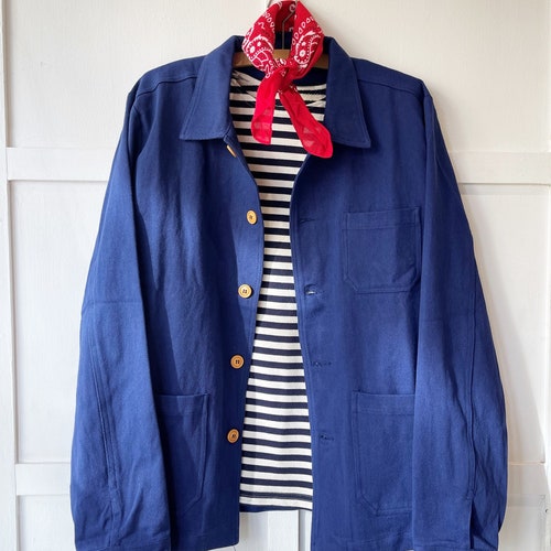 60s Style French Navy Blue Indigo Cotton Twill Canvas Chore Jacket - Wooden Buttons - Various Sizes