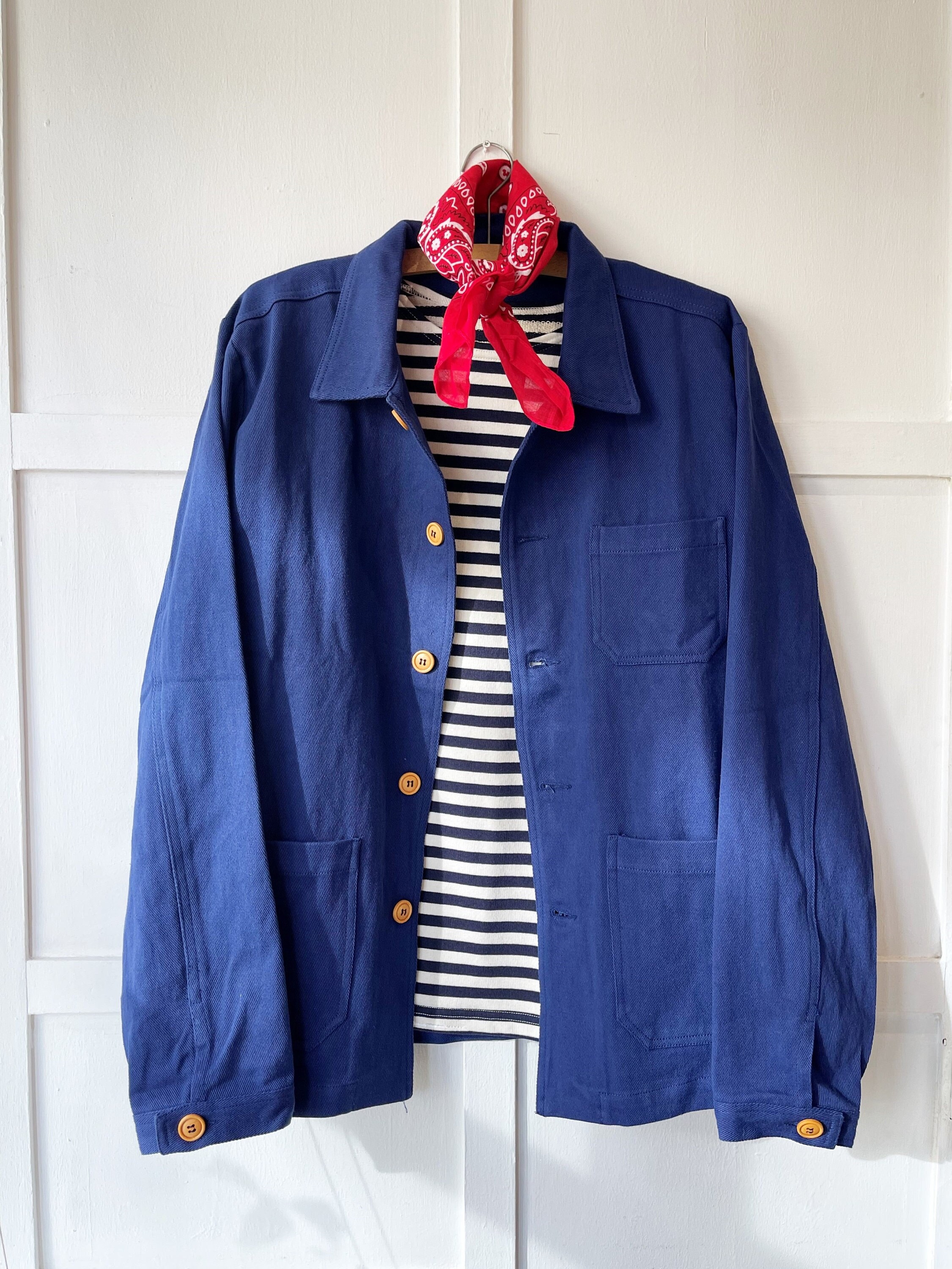 60s Style French Navy Blue Indigo Cotton Twill Canvas Chore Jacket - Wooden Buttons - Various Sizes