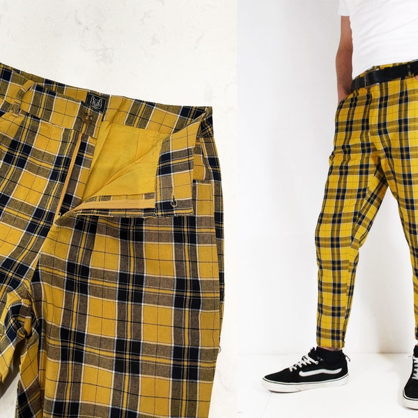 Mens Slim Fit Tartan Check Sta Press Style Trousers 60s Mod - Yellow Navy Blue