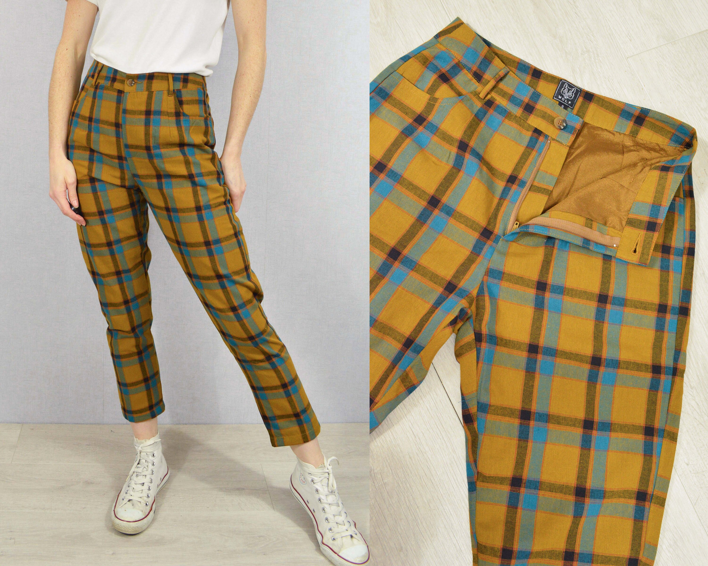 Image of High Waisted Check Pants Tartan - Capri Trousers Carrot Leg Tapered Mustard Yellow & Turquoise