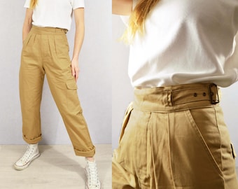Unisex High Waisted Gurkha Pants - 100% Cotton - 1950s Army Style Trousers - Buckle Adjustable - Tan Beige / Army Green / Navy Ink Blue