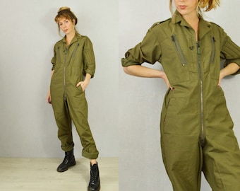 Vintage OG 90s British Flight Suit / Khaki Green Coveralls Jumpsuit Boilersuit