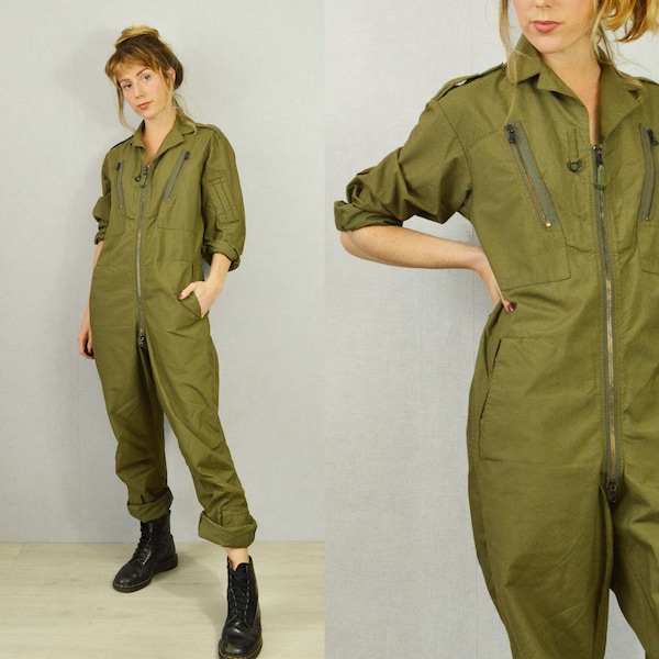 Vintage OG 90s British Flight Suit / Khaki Green Coveralls Jumpsuit Boilersuit